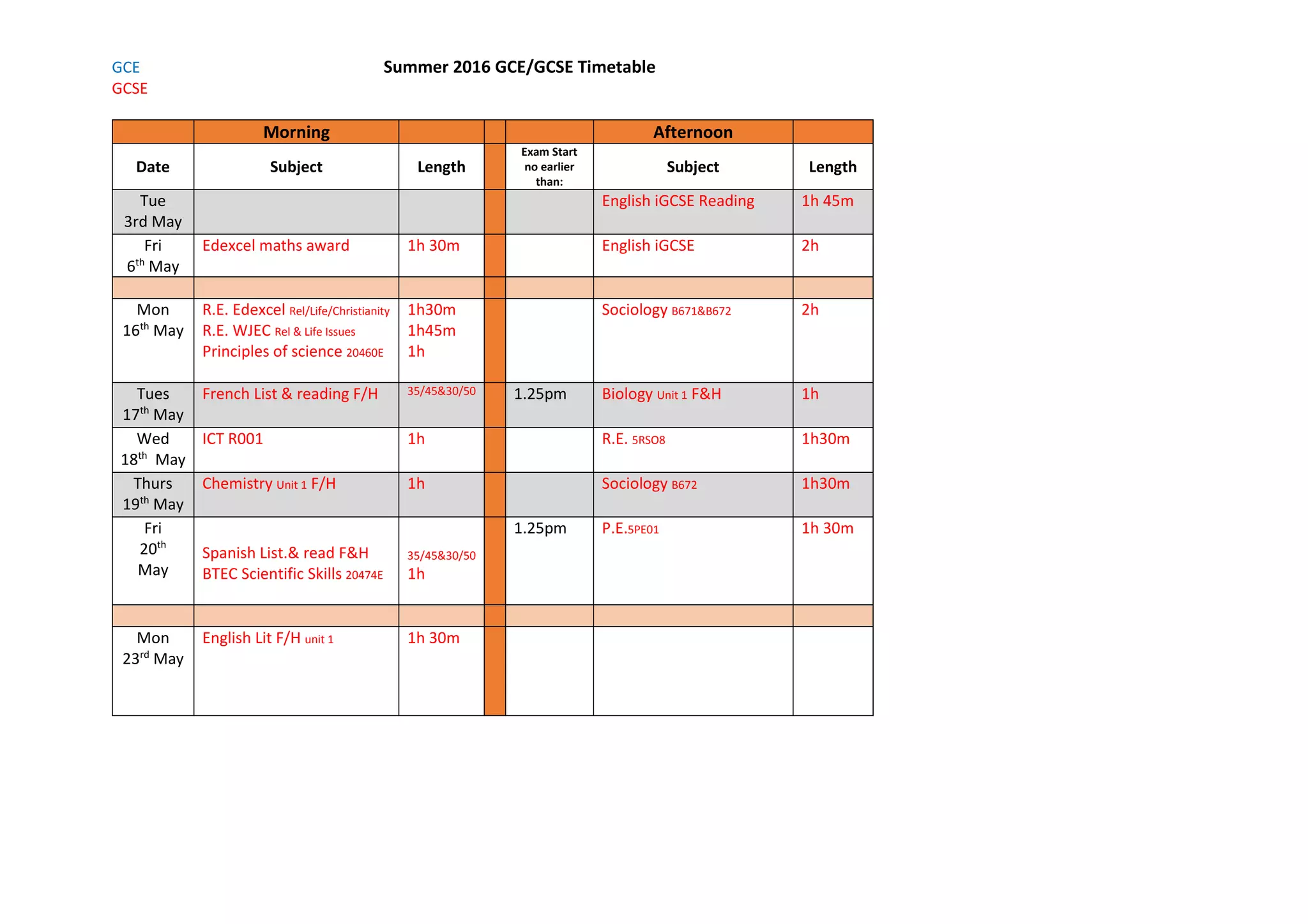 GCSE Summer exam timetable PPT