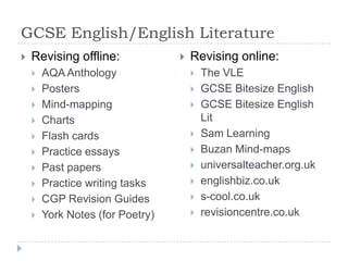 GCSE English/English LiteratureRevising offline:AQA AnthologyPostersMind-mappingChartsFlash cardsPractice essaysPast papersPractice writing tasksCGP Revision GuidesYork Notes (for Poetry)Revising online:The VLEGCSE Bitesize EnglishGCSE Bitesize English LitSam LearningBuzan Mind-mapsuniversalteacher.org.ukenglishbiz.co.uks-cool.co.ukrevisioncentre.co.uk