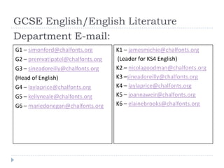 GCSE English/English LiteratureDepartment E-mail:G1 – simonford@chalfonts.orgG2 – premvatipatel@chalfonts.orgG3 – sineadoreilly@chalfonts.org(Head of English)G4 – laylaprice@chalfonts.orgG5 – kellyneale@chalfonts.orgG6 – mariedonegan@chalfonts.orgK1 – jamesmichie@chalfonts.org (Leader for KS4 English)K2 – nicolagoodman@chalfonts.orgK3 –sineadoreilly@chalfonts.orgK4 – laylaprice@chalfonts.orgK5 – joannaweir@chalfonts.orgK6 – elainebrooks@chalfonts.org