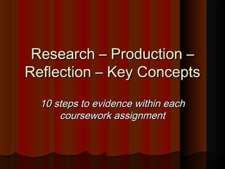 Research – Production –Research – Production –
Reflection – Key ConceptsReflection – Key Concepts
10 steps to evidence within each10 steps to evidence within each
coursework assignmentcoursework assignment
 