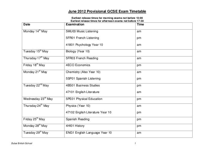 Gcse Exam Timetable Draft