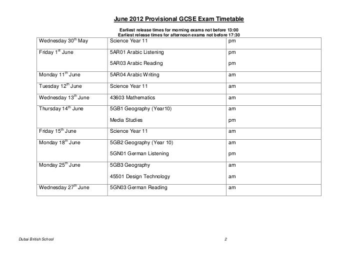 Gcse Exam Timetable Draft Gcse Exam Timetable Draft