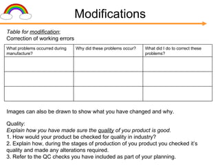 Modifications Quality: Explain how you have made sure the  quality  of you product is good. 1. How would your product be checked for quality in industry? 2. Explain how, during the stages of production of you product you checked it’s quality and made any alterations required. 3. Refer to the QC checks you have included as part of your planning. Table for  modification ;  Correction of working errors Images can also be drawn to show what you have changed and why. What did I do to correct these problems? Why did these problems occur? What problems occurred during manufacture? 