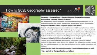 How is GCSE Geography assessed?
Component 1: Changing Places – Changing Economies, Changing Environments,
Environmental Challenges (Paper 1—1hr 45mins)
•
You will learn about human, physical and environmental geographies through topics such as
development, global cities, flooding, climate change, weather, water security and ecosystems.
•
Component 2: Problem Solving Geography (Paper 2—1hr 30mins)
•
Students will use the topics and issues covered in component 1 for a synoptic view on problem
solving. Students will incorporate all of their knowledge from component 1 to learn a 3 phased
approach to solving problems. Students will learn how to use statistics, maps and photographs in
order to collect evidence and to determine appropriate management strategies for a given issue.
Students will also learn the importance of justifying and evaluating management strategies.
•
Component 3: Applied Fieldwork Enquiry (Paper 3—1hr 30mins)
•
Students will carry out field work in two contrasting environments (human and physical).
Students will play an active role in planning their fieldwork. They will learn how to collect, present
and then analyse the data that they have collected. Students will then evaluate limitations of their
fieldwork.
•
Please note there will be two compulsory fieldworks in the local area during the GCSE course.
•Here is a link to the specification we follow:
https://www.eduqas.co.uk/media/5ofdo23l/gcse-geog-b-spec.pdf
 