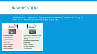 URBANISATION
 Urbanisation is the growth in the proportion of a country’s population living in
urban areas. Basically, people moving to live in cities.
 