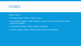STORES
Types of stores:
 Channel storage =Water is held in a river.
 Groundwater storage =Water is held in a rock or soil. A rock that stores water is
known as an aquifer.
 Interception storage =Water is taken in by plants.
Surface storage =Water is held by lakes, reservoirs and puddles
 