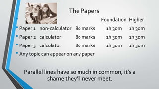 The Papers
• Foundation Higher
•Paper 1 non-calculator 80 marks 1h 30m 1h 30m
•Paper 2 calculator 80 marks 1h 30m 1h 30m
•Paper 3 calculator 80 marks 1h 30m 1h 30m
•Any topic can appear on any paper
Parallel lines have so much in common, it’s a
shame they’ll never meet.
 