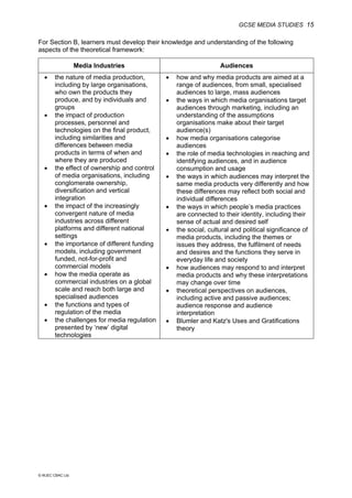 GCSE MEDIA STUDIES 15
© WJEC CBAC Ltd.
For Section B, learners must develop their knowledge and understanding of the following
aspects of the theoretical framework:
Media Industries Audiences
• the nature of media production,
including by large organisations,
who own the products they
produce, and by individuals and
groups
• the impact of production
processes, personnel and
technologies on the final product,
including similarities and
differences between media
products in terms of when and
where they are produced
• the effect of ownership and control
of media organisations, including
conglomerate ownership,
diversification and vertical
integration
• the impact of the increasingly
convergent nature of media
industries across different
platforms and different national
settings
• the importance of different funding
models, including government
funded, not-for-profit and
commercial models
• how the media operate as
commercial industries on a global
scale and reach both large and
specialised audiences
• the functions and types of
regulation of the media
• the challenges for media regulation
presented by ‘new’ digital
technologies
• how and why media products are aimed at a
range of audiences, from small, specialised
audiences to large, mass audiences
• the ways in which media organisations target
audiences through marketing, including an
understanding of the assumptions
organisations make about their target
audience(s)
• how media organisations categorise
audiences
• the role of media technologies in reaching and
identifying audiences, and in audience
consumption and usage
• the ways in which audiences may interpret the
same media products very differently and how
these differences may reflect both social and
individual differences
• the ways in which people’s media practices
are connected to their identity, including their
sense of actual and desired self
• the social, cultural and political significance of
media products, including the themes or
issues they address, the fulfilment of needs
and desires and the functions they serve in
everyday life and society
• how audiences may respond to and interpret
media products and why these interpretations
may change over time
• theoretical perspectives on audiences,
including active and passive audiences;
audience response and audience
interpretation
• Blumler and Katz's Uses and Gratifications
theory
 