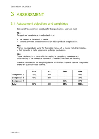GCSE MEDIA STUDIES 30
© WJEC CBAC Ltd.
3 ASSESSMENT
3.1 Assessment objectives and weightings
Below are the assessment objectives for this specification. Learners must:
AO1
Demonstrate knowledge and understanding of:
• the theoretical framework of media
• contexts of media and their influence on media products and processes.
AO2
Analyse media products using the theoretical framework of media, including in relation
to their contexts, to make judgements and draw conclusions.
AO3
Create media products for an intended audience, by applying knowledge and
understanding of the theoretical framework of media to communicate meaning.
The table below shows the weighting of each assessment objective for each component
and for the qualification as a whole.
AO1 AO2 AO3 Total
Component 1 20% 20% - 40%
Component 2 10% 20% - 30%
Component 3 - - 30% 30%
Total 30% 40% 30% 100%
 