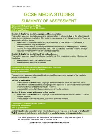 GCSE MEDIA STUDIES 2
© WJEC CBAC Ltd.
GCSE MEDIA STUDIES
SUMMARY OF ASSESSMENT
Component 1: Exploring the Media
Written examination: 1 hour 30 minutes
40% of qualification
Section A: Exploring Media Language and Representation
This section assesses media language and representation in relation to two of the following print
media forms: magazines, marketing (film posters), newspapers, or print advertisements. There are
two questions in this section:
• one question assessing media language in relation to one set product (reference to
relevant contexts may be required)
• one two-part question assessing representation in relation to one set product and one
unseen resource in the same media form. Part (a) is based on media contexts. Part (b)
requires comparison through an extended response.
Section B: Exploring Media Industries and Audiences
This section assesses two of the following media forms: film, newspapers, radio, video games.
It includes:
• one stepped question on media industries
• one stepped question on audiences.
Component 2: Understanding Media Forms and Products
Written examination: 1 hour 30 minutes
30% of qualification
This component assesses all areas of the theoretical framework and contexts of the media in
relation to television and music.
Section A: Television
• one question on either media language or representation, which will be based on an
extract from one of the set television programme episodes to be viewed in the examination
(reference to relevant contexts may be required)
• one question on media industries, audiences or media contexts.
Section B: Music (music videos and online media)
• one question on either media language or representation (reference to relevant contexts
may be required)
• one question on media industries, audiences or media contexts.
Component 3: Creating Media Products
Non-exam assessment
30% of qualification
An individual media production for an intended audience in response to a choice of briefs set by
WJEC, applying knowledge and understanding of media language and representation.
This linear qualification will be available for assessment in May/June each year. It
will be awarded for the first time in summer 2019.
Qualification Accreditation Number: 603/1115/0
 