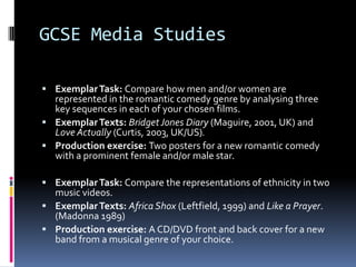 GCSE Media Studies

 Exemplar Task: Compare how men and/or women are
  represented in the romantic comedy genre by analysing three
  key sequences in each of your chosen films.
 Exemplar Texts: Bridget Jones Diary (Maguire, 2001, UK) and
  Love Actually (Curtis, 2003, UK/US).
 Production exercise: Two posters for a new romantic comedy
  with a prominent female and/or male star.

 Exemplar Task: Compare the representations of ethnicity in two
  music videos.
 Exemplar Texts: Africa Shox (Leftfield, 1999) and Like a Prayer.
  (Madonna 1989)
 Production exercise: A CD/DVD front and back cover for a new
  band from a musical genre of your choice.
 
