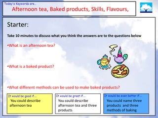 Afternoon tea, Baked products, Skills, Flavours,

Starter:
Take 10 minutes to discuss what you think the answers are to the questions below

•What is an afternoon tea?



•What is a baked product?



•What different methods can be used to make baked products?

 You could describe           You could describe           You could name three
 afternoon tea                afternoon tea and three      products and three
                              products                     methods of baking
 