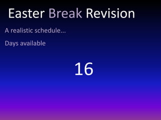 Easter Break Revision
A realistic schedule...
Days available
16
 