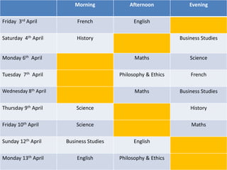 Morning Afternoon Evening
Friday 3rd April French English
Saturday 4th April History Business Studies
Monday 6th April Maths Science
Tuesday 7th April Philosophy & Ethics French
Wednesday 8th April Maths Business Studies
Thursday 9th April Science History
Friday 10th April Science Maths
Sunday 12th April Business Studies English
Monday 13th April English Philosophy & Ethics
 