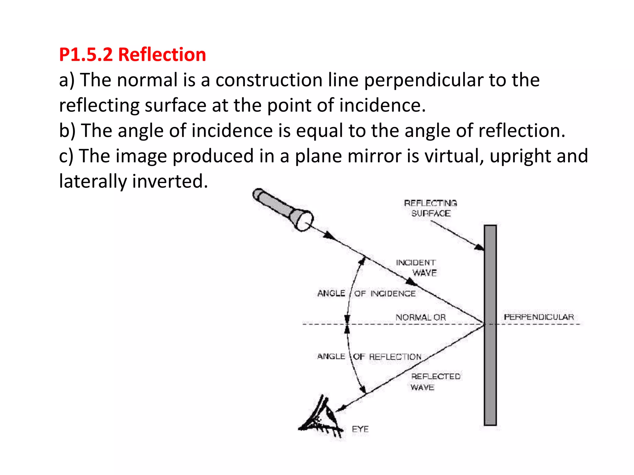 P1.5.2 Reflection
a) The normal is a construction line perpendicular to the
reflecting surface at the point of incidence.
b) The angle of incidence is equal to the angle of reflection.
c) The image produced in a plane mirror is virtual, upright and
laterally inverted.
 