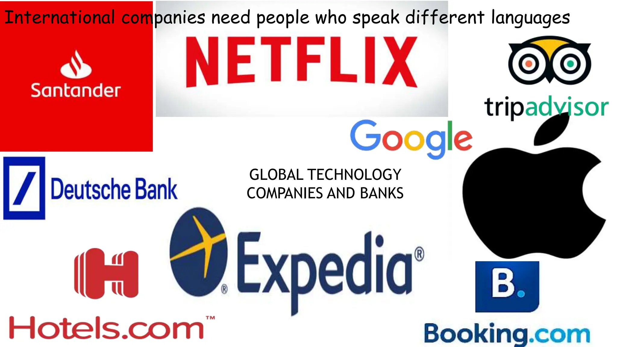 GLOBAL TECHNOLOGY
COMPANIES AND BANKS
International companies need people who speak different languages
 