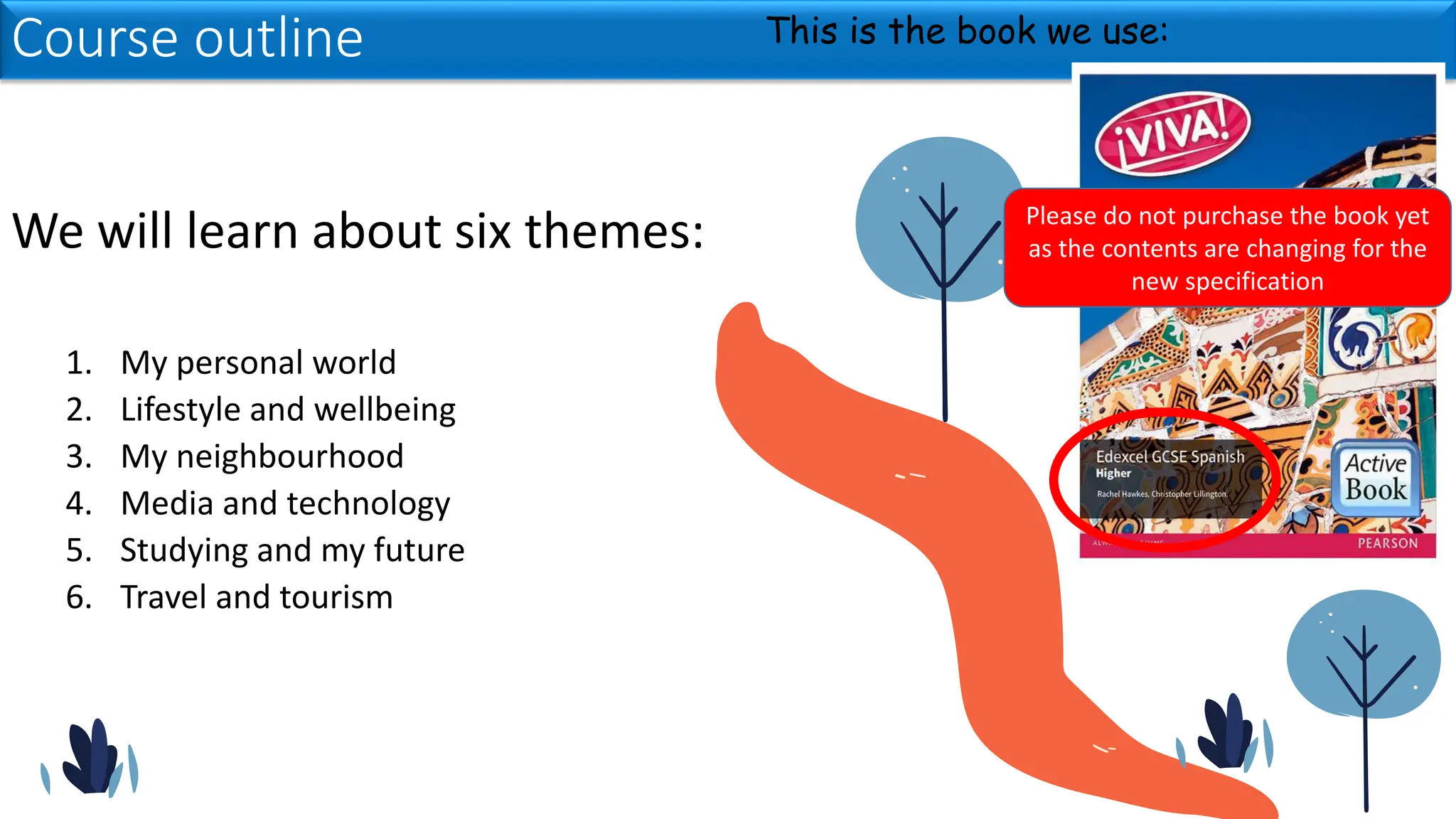 Course outline
We will learn about six themes:
1. My personal world
2. Lifestyle and wellbeing
3. My neighbourhood
4. Media and technology
5. Studying and my future
6. Travel and tourism
This is the book we use:
Please do not purchase the book yet
as the contents are changing for the
new specification
 