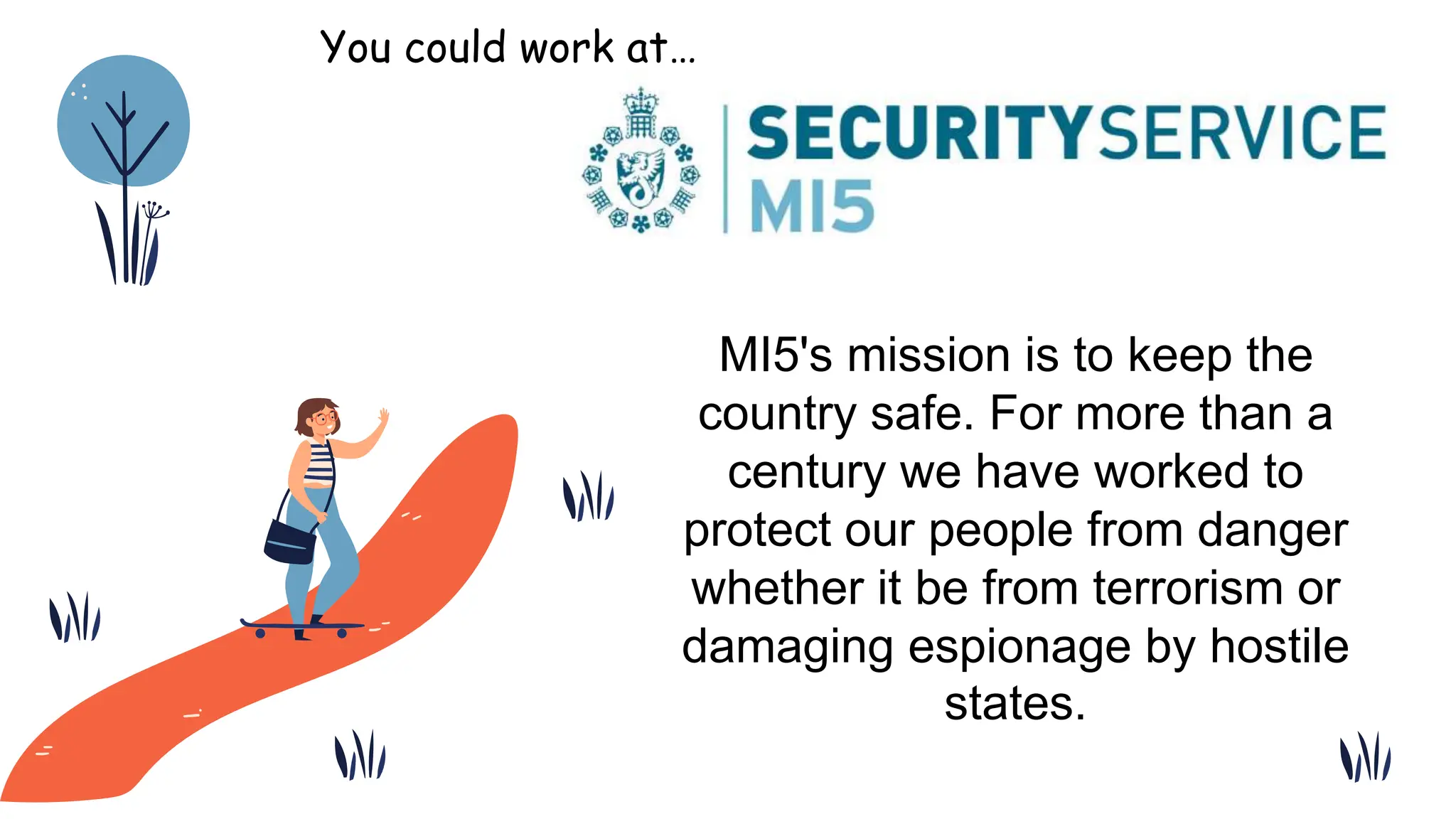 MI5's mission is to keep the
country safe. For more than a
century we have worked to
protect our people from danger
whether it be from terrorism or
damaging espionage by hostile
states.
You could work at…
 