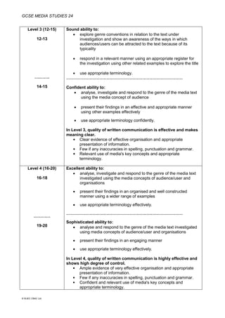 GCSE MEDIA STUDIES 24
© WJEC CBAC Ltd.
Level 3 (12-15)
12-13
….…….
14-15
Sound ability to:
 explore genre conventions in relation to the text under
investigation and show an awareness of the ways in which
audiences/users can be attracted to the text because of its
typicality
 respond in a relevant manner using an appropriate register for
the investigation using other related examples to explore the title
 use appropriate terminology.
…………………………………………………………………………
Confident ability to:
 analyse, investigate and respond to the genre of the media text
using the media concept of audience
 present their findings in an effective and appropriate manner
using other examples effectively
 use appropriate terminology confidently.
In Level 3, quality of written communication is effective and makes
meaning clear.
 Clear evidence of effective organisation and appropriate
presentation of information.
 Few if any inaccuracies in spelling, punctuation and grammar.
 Relevant use of media's key concepts and appropriate
terminology.
Level 4 (16-20)
16-18
…………
19-20
Excellent ability to:
 analyse, investigate and respond to the genre of the media text
investigated using the media concepts of audience/user and
organisations
 present their findings in an organised and well constructed
manner using a wider range of examples
 use appropriate terminology effectively.
…………………………………………………………………………
Sophisticated ability to:
 analyse and respond to the genre of the media text investigated
using media concepts of audience/user and organisations
 present their findings in an engaging manner
 use appropriate terminology effectively.
In Level 4, quality of written communication is highly effective and
shows high degree of control.
 Ample evidence of very effective organisation and appropriate
presentation of information.
 Few if any inaccuracies in spelling, punctuation and grammar.
 Confident and relevant use of media's key concepts and
appropriate terminology.
 