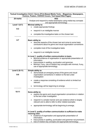 GCSE MEDIA STUDIES 25
© WJEC CBAC Ltd.
Textual Investigation Grid 2: Genre (Print-Based Media Texts – Magazines, Newspapers,
Comics, Posters, CD/DVD Covers, Text based Web Pages)
20 marks AO2
Analyse and respond to media texts/topics using media key concepts
and appropriate terminology
Level 1 (0-7)
0-3
………..
4-7
Minimal ability to:
 create appropriate findings
 respond in an intelligible manner
 complete the investigative tasks on the chosen text.
………………………………………………………………………….
Basic ability to:
 describe aspects of the chosen text and come to some basic
conclusions about its genre and visual organisation conventions
 complete most of the investigative tasks
 respond in an intelligible manner.
In Level 1, quality of written communication is basic.
 Minimal evidence of organisation or appropriate presentation of
information.
 Inaccuracies in spelling, punctuation and grammar.
 Minimal, if any, use of media's key concepts with minimal, if any,
use of appropriate terminology.
Level 2 (8-11)
8-9
…………
10-11
Simple ability to:
 demonstrate an emerging sense of the genre and visual
organisation conventions in relation to the text under
investigation
 create a response consisting of evidence which is limited but
relevant
 terminology will be beginning to emerge.
………………………………………………………………………….
Some ability to:
 explore the genre and visual organisation conventions in relation
to the text under investigation
 respond in a simple manner and use evidence which is largely
relevant and is able to refer to other related examples
 appropriate terminology will be beginning to emerge.
In Level 2, quality of written communication is sufficient to make
meaning clear.
 Evidence of organisation and appropriate presentation of
information.
 Inaccuracies in spelling, punctuation and grammar not prominent.
 Use of media's key concepts and appropriate terminology.
 