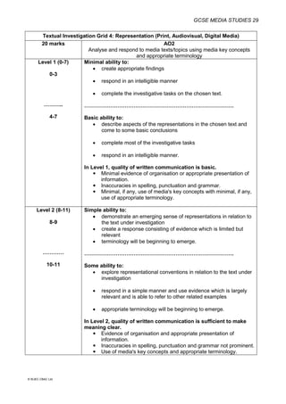 GCSE MEDIA STUDIES 29
© WJEC CBAC Ltd.
Textual Investigation Grid 4: Representation (Print, Audiovisual, Digital Media)
20 marks AO2
Analyse and respond to media texts/topics using media key concepts
and appropriate terminology
Level 1 (0-7)
0-3
………..
4-7
Minimal ability to:
 create appropriate findings
 respond in an intelligible manner
 complete the investigative tasks on the chosen text.
………………………………………………………………………….
Basic ability to:
 describe aspects of the representations in the chosen text and
come to some basic conclusions
 complete most of the investigative tasks
 respond in an intelligible manner.
In Level 1, quality of written communication is basic.
 Minimal evidence of organisation or appropriate presentation of
information.
 Inaccuracies in spelling, punctuation and grammar.
 Minimal, if any, use of media's key concepts with minimal, if any,
use of appropriate terminology.
Level 2 (8-11)
8-9
…………
10-11
Simple ability to:
 demonstrate an emerging sense of representations in relation to
the text under investigation
 create a response consisting of evidence which is limited but
relevant
 terminology will be beginning to emerge.
………………………………………………………………………….
Some ability to:
 explore representational conventions in relation to the text under
investigation
 respond in a simple manner and use evidence which is largely
relevant and is able to refer to other related examples
 appropriate terminology will be beginning to emerge.
In Level 2, quality of written communication is sufficient to make
meaning clear.
 Evidence of organisation and appropriate presentation of
information.
 Inaccuracies in spelling, punctuation and grammar not prominent.
 Use of media's key concepts and appropriate terminology.
 