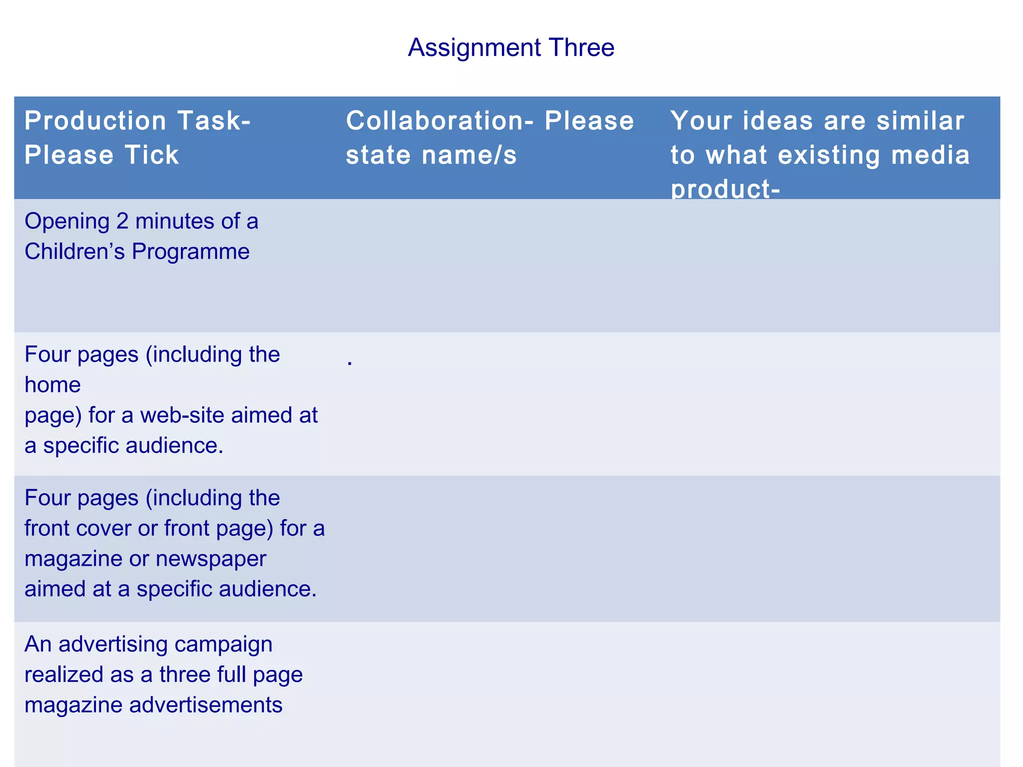 Assignment Three
Production Task-
Please Tick
Collaboration- Please
state name/s
Your ideas are similar
to what existing media
product-
Opening 2 minutes of a
Children’s Programme
Four pages (including the
home
page) for a web-site aimed at
a specific audience.
.
Four pages (including the
front cover or front page) for a
magazine or newspaper
aimed at a specific audience.
An advertising campaign
realized as a three full page
magazine advertisements
 