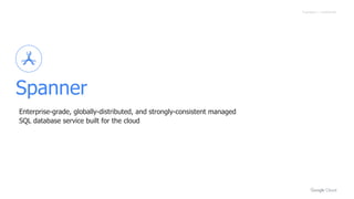 Proprietary + Confidential
Spanner
Enterprise-grade, globally-distributed, and strongly-consistent managed
SQL database service built for the cloud
 