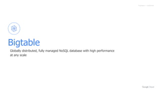 Proprietary + Confidential
Bigtable
Globally distributed, fully managed NoSQL database with high performance
at any scale
 