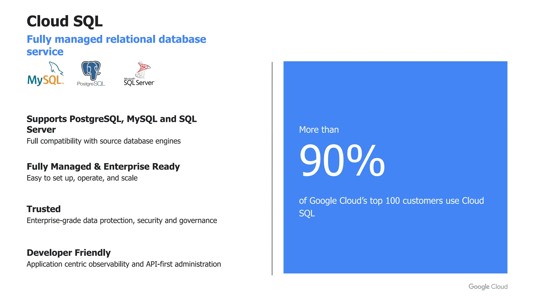 Fully Managed & Enterprise Ready
Easy to set up, operate, and scale
Trusted
Enterprise-grade data protection, security and governance
Developer Friendly
Application centric observability and API-first administration
Supports PostgreSQL, MySQL and SQL
Server
Full compatibility with source database engines
More than
90%
of Google Cloud’s top 100 customers use Cloud
SQL
Cloud SQL
Fully managed relational database
service
 