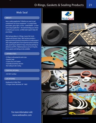 O-Rings, Gaskets & Sealing Products                21

                       Web Seal
ABOUT:
Have a sealing application? Whether you want to seal
contaminants out of your equipment – or contain fluids,
particulates, gases, light, or noise – shield EMI/RFI – or have
some unique application -- the seal technology you choose
is critical to your success. Let Web Seal’s experts help with
your design.

Web Seal specializes in: O-Rings, Custom Die Cuts &
Gaskets and Dynamic Seals. Web Seal also provides a
large assortment of products that perform in a wide range of
other sealing applications, from expansion joints to fastener
seals, quad rings to spliced O-rings, and pump packings to
adhesives and RTVs. Related products such as O-ring kits,
shims, spacers and tubing are also available.

CAPABILITIES:
•	O-Rings in all standard & metric sizes
•	Dynamic Seals
•	Custom Die Cut & Gaskets
•	Assembly & Inventory Services
•	Bar Coding & Color Coding

CERTIFICATIONS:
•	ISO 9001 Certified

LOCATIONS:
Headquarters & Main Plant:
15 Oregon Street, Rochester, NY 14605




           For more information visit:
            www.websealinc.com
                                                                          www.garnettcomponentsales.com
 