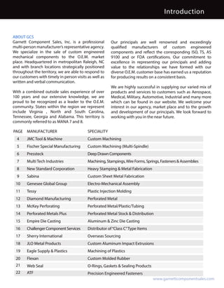 Introduction


ABOUT GCS
Garnett Component Sales, Inc. is a professional         Our principals are well renowned and exceedingly
multi-person manufacturer’s representative agency.      qualified manufacturers of custom engineered
We specialize in the sale of custom engineered          components and reflect the corresponding ISO, TS, AS
mechanical components to the O.E.M. market              9100 and or FDA certifications. Our commitment to
place. Headquartered in metropolitan Raleigh, NC        excellence in representing our principals and adding
and with branch locations strategically positioned      value to the relationships we have formed with our
throughout the territory, we are able to respond to     diverse O.E.M. customer base has earned us a reputation
our customers with timely in person visits as well as   for producing results on a consistent basis.
written and verbal communication.
                                                        We are highly successful in supplying our varied mix of
With a combined outside sales experience of over        products and services to customers such as Aerospace,
100 years and our extensive knowledge, we are           Medical, Military, Automotive, Industrial and many more
proud to be recognized as a leader to the O.E.M.        which can be found in our website. We welcome your
community. States within the region we represent        interest in our agency, market place and to the growth
include Virginia , North and South Carolina,            and development of our principals. We look forward to
Tennessee, Georgia and Alabama. This territory is       working with you in the near future.
commonly referred to as MANA 7 and 8.

PAGE MANUFACTURER                          SPECIALITY
  4     JMC Tool & Machine                 Custom Machining
  5     Fischer Special Manufacturing      Custom Machining (Multi-Spindle)
  6     Pressteck                          Deep Drawn Components
  7     Multi Tech Industries              Machining, Stampings, Wire Forms, Springs, Fasteners & Assemblies
  8     New Standard Corporation           Heavy Stamping & Metal Fabrication
  9     Sabina	                            Custom Sheet Metal Fabrication
 10     Genesee Global Group               Electro-Mechanical Assembly
 11     Tessy                              Plastic Injection Molding
 12     Diamond Manufacturing              Perforated Metal
 13     McKey Perforating                  Perforated Metal/Plastic/Tubing
 14     Perforated Metals Plus             Perforated Metal Stock & Distribution
 15     Empire Die Casting                 Aluminum & Zinc Die Casting
 16     Challenger Component Services      Distributor of “Class C” Type Items
 17     Sherry International               Overseas Sourcing
 18     JLO Metal Products                 Custom Aluminum Impact Extrusions
 19     Eagle Supply & Plastics            Machining of Plastics
 20     Flexan                             Custom Molded Rubber
 21     Web Seal                           O-Rings, Gaskets & Sealing Products
 22     ATF                                Precision Engineered Fasteners
                                                                                 www.garnettcomponentsales.com
 