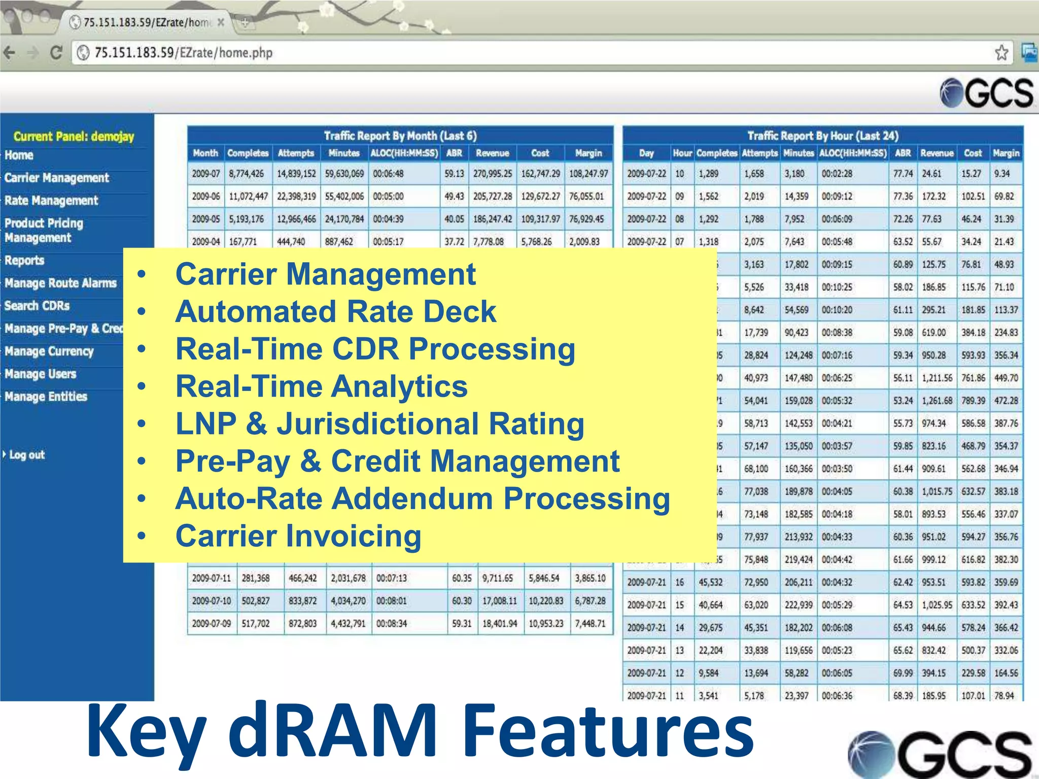 •   Carrier Management
 •   Automated Rate Deck
 •   Real-Time CDR Processing
 •   Real-Time Analytics
 •   LNP & Jurisdictional Rating
 •   Pre-Pay & Credit Management
 •   Auto-Rate Addendum Processing
 •   Carrier Invoicing




Key dRAM Features
 