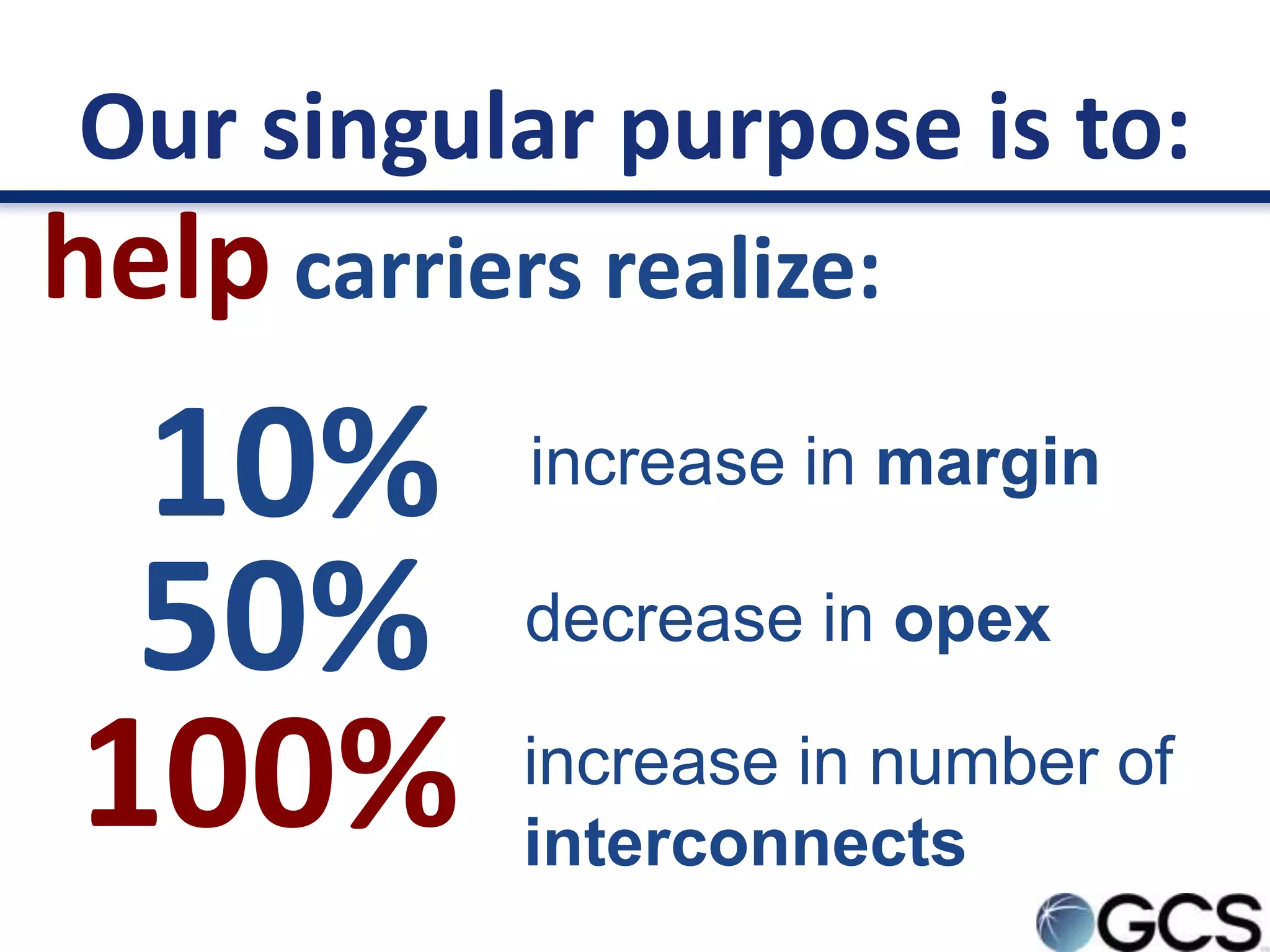 Our singular purpose is to:
help carriers realize:
 10%        increase in margin

 50%        decrease in opex

100%        increase in number of
            interconnects
 