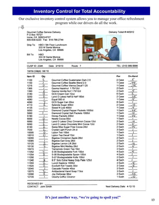 Inventory Control for Total Accountability
Our exclusive inventory control system allows you to manage your office refreshment
                        program while our drivers do all the work.




                 It’s just another way, “we’re going to spoil you!”
                                                                                      13
 