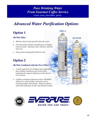 Pure Drinking Water
                    From Gourmet Coffee Service
                             Great taste...incredible purity



Advanced Water Purification Options
                                                            PRO 4
Option 1
4K Plus Filter                                                      4K PLUS
•   Removes microscopic particles from the water.
•   Provides all the benefits of purification, including
    removal of dirt , bad taste, odor, chlorine, asbestos
    and cysts.
•   Enjoy great tasting quality filtered water



Option 2
4K Plus Combined with the Pro 4 Filter
•   A multi-stage filter for drinking water applications
    that combines membrane and carbon block
    technology for superior filtration results down to
    0.15 microns.

•   Capillary membrane filtration reduces 99.9999%
    of bacteria, asbestos fibers and cysts such as
    Cryptosporidium and Giardia. Delivers superior
    taste and eradication of odor and chlorine content.




                                                                              15
 