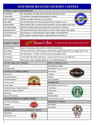 OUR FRESH ROASTED GOURMET COFFEES
COFFEE VARIETY DESCRIPTION
Seattle Blend             Our most popular rich coffee dark roasted with a smooth heavy body
Vienna Roast              A Costa Rican, Guatemalan blend designed to be mellow
100% Colombian            Full flavored coffee made from very select beans
                                                                                                                                    ®
Kona Blend                Like the silent pleasure of a deserted tropical beach...a moment to savor
Sumatra Blend             Deep, distinctive flavor, smooth roasted to perfection...our most popular exotic blend
North Beach Blend         Inspired by the fine Italian roasted coffee from San Francisco’s Little Italy
Guatemalan Dark           This masterful dark roast is the product of one of the world’s premier coffee regions
Vienna Roast Decaf        Decaf drinkers rave about this blend...delivers mellow well rounded flavor
Dark Decaf                Dark roasted for maximum richness...a flavorful choice for decaf lovers




COFFEE VARIETY                                 Gourmet’s Best                    Created for the dark roasted coffee lover

Breakfast Blend           Enjoy the comforting aroma and flavor of this fine Arabica blend
House Blend               The finest coffee house would be happy to call this their signature blend...We’re very happy that it’s ours
Donut Shop                Our latest winner. A refined version of America’s most popular coffee

French Roast              A dark coffee with a bold, smoky flavor. A perfect roast for the true rich coffee lover

Italian Roast             Rich, intense, earthy, exploding with flavor. Our “Italian Masterpiece”

GAVIÑA ORGANIC COFFEES                                                PEET’S COFFEE & TEA
Mexican                                                               Major Dickason’s Blend
Guatemalan Dark                                                       House Blend - Regular and Decaf

GAVIÑA FLAVORED COFFEE                                                French Roast
Butterscotch                                                          Colombia
                                                                                                                               ®
Cinnamon Hazelnut                                                     Sumatra
Chocolate Raspberry                                                   Fair Trade Blend

French Caramel                                                        STARBUCKS
                                                         ®
French Vanilla                                                        House Blend - Regular and Decaf
Hawaiian Hazelnut - Regular and Decaf                                 French Roast
Vanilla Nut - Regular and Decaf                                       Caffé Verona
Irish Creme                                                           Sumatra
Flavored Variety Pack                                                 Breakfast Blend                                      ®

SEATTLE’S BEST FLAVORED COFFEE                                        Café Estima (Fair Trade)

Fair Trade Vanilla Bean                                               COFFEE BEAN COFFEE
Cinnabon                                                              House Blend
Hazelnut Cream                                                        French Roast

TORREFAZIONE ITALIA GOURMET COFFEE
Napoli Blend
Montecatini - Decaf
                                                   ®



2
 