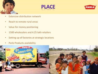 • Extensive distribution network
• Reach to remote rural areas
• Value for money positioning
• 1500 wholesalers and 4.25 lakh retailers
• Setting up of factories at strategic locations
• Parle Products availability
 