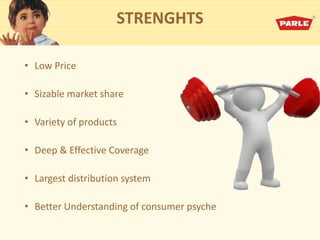 STRENGHTS
• Low Price
• Sizable market share
• Variety of products
• Deep & Effective Coverage
• Largest distribution system
• Better Understanding of consumer psyche
 