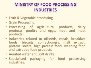 • Fruit & Vegetable processing.
• Grain Processing.
• Processing of agricultural products, dairy
products, poultry and eggs, meat and meat
products.
• Industries related to oilseeds, meals, breakfast
foods, biscuits, confectionery, malt extract,
protein isolate, high protein food, weaning food
and extruded food products
• Aerated water and soft drinks.
• Specialised packaging for food processing
industries.
 
