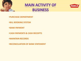•PURCHASE DEPARTMENT
•BILL BOOKING SYSTEM
•BANK PAYMENT
•CASH PAYMENTS & CASH RECEIPTS
•MAINTAIN RECORDS
•RECONCILIATION OF BANK STATEMENT
 