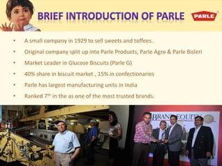 • A small company in 1929 to sell sweets and toffees.
• Original company split up into Parle Products, Parle Agro & Parle Bisleri
• Market Leader in Glucose Biscuits (Parle G)
• 40% share in biscuit market , 15% in confectionaries
• Parle has largest manufacturing units in India
• Ranked 7th in the as one of the most trusted brands.
 