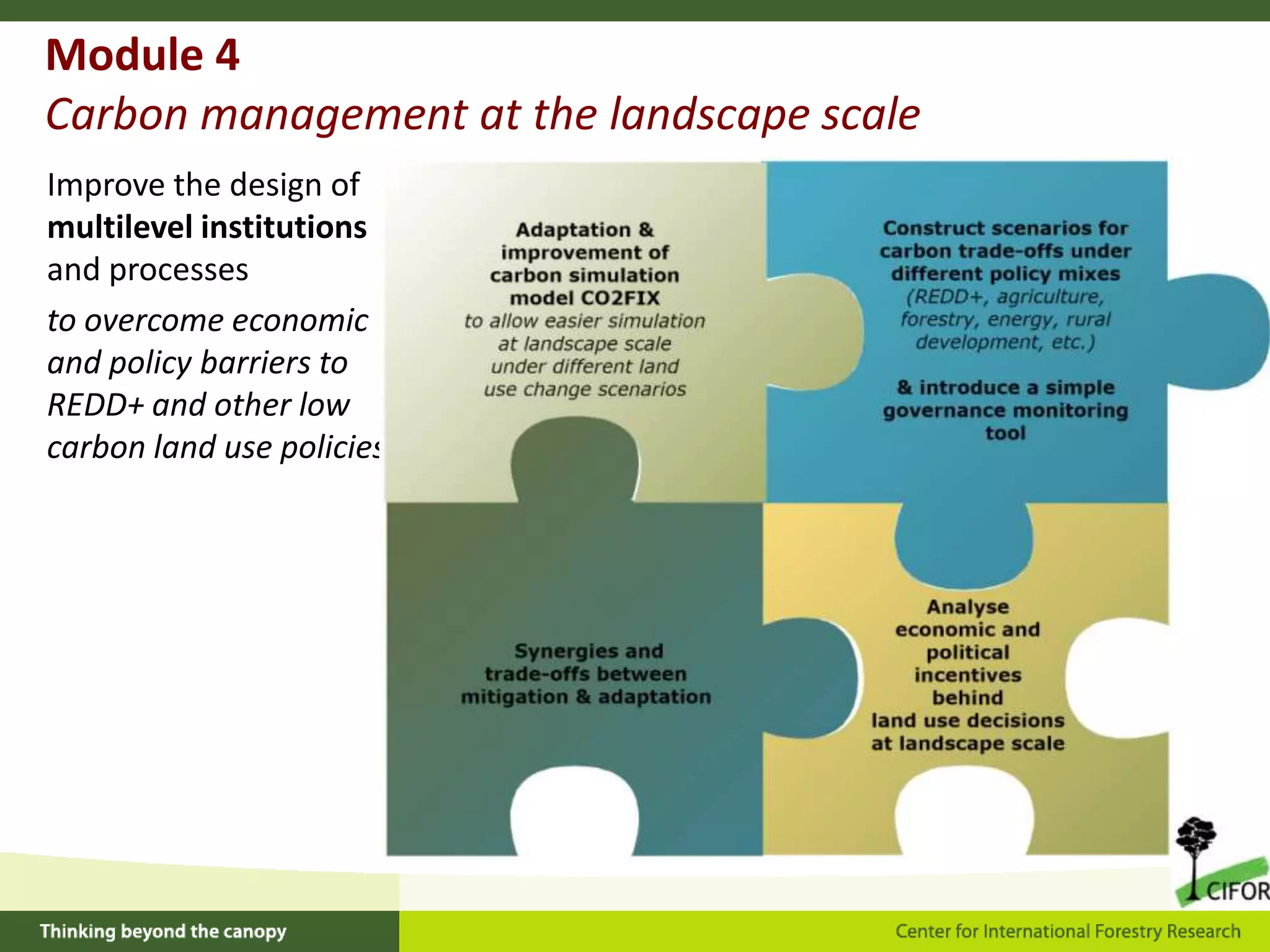 Module 4
Carbon management at the landscape scale
Improve the design of
multilevel institutions
and processes
to overcome economic
and policy barriers to
REDD+ and other low
carbon land use policies

 