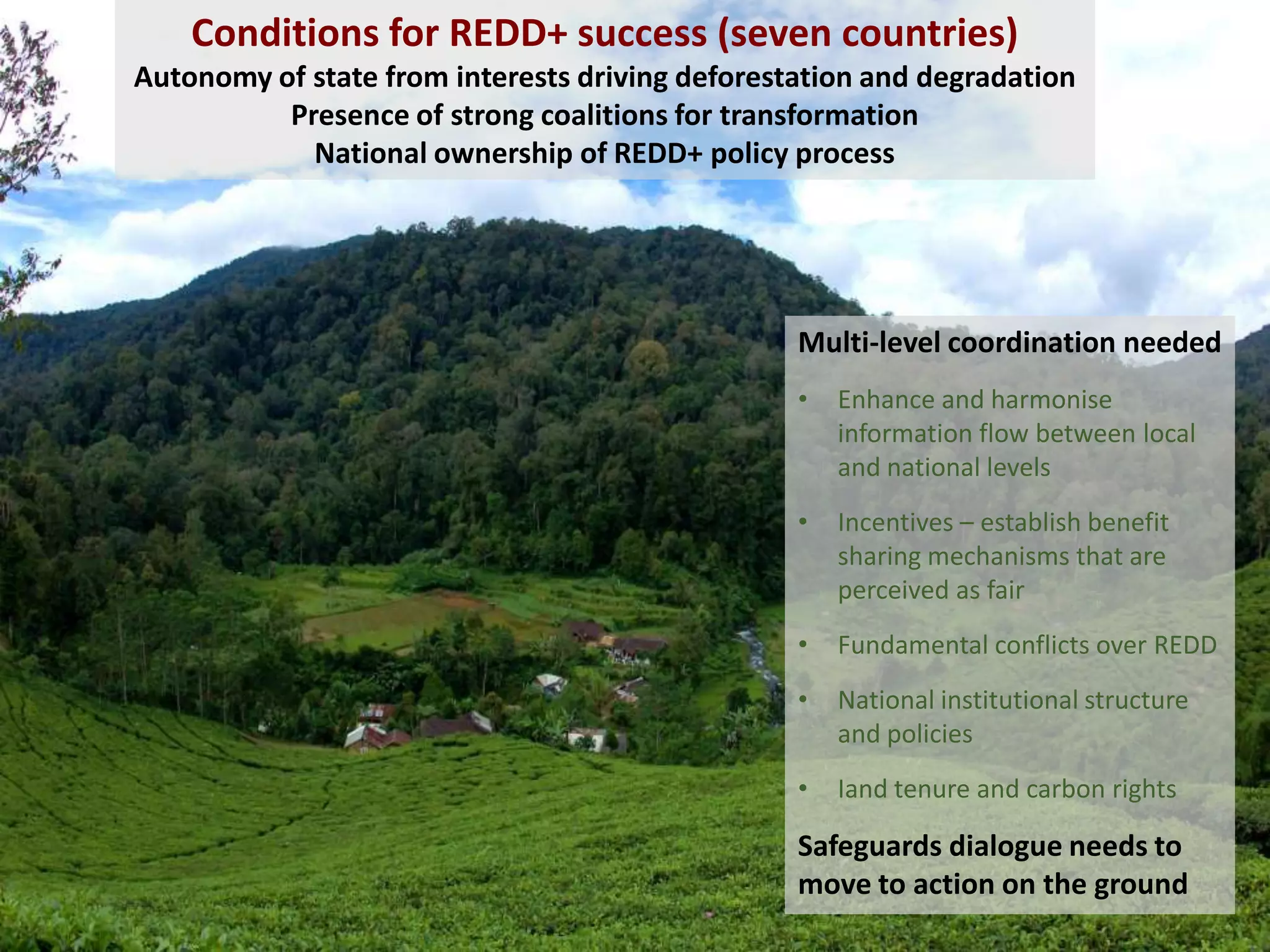 Conditions for REDD+ success (seven countries)
Autonomy of state from interests driving deforestation and degradation
Presence of strong coalitions for transformation
National ownership of REDD+ policy process

Multi-level coordination needed
•

Enhance and harmonise
information flow between local
and national levels

•

Incentives – establish benefit
sharing mechanisms that are
perceived as fair

•

Fundamental conflicts over REDD

•

National institutional structure
and policies

•

Iand tenure and carbon rights

Safeguards dialogue needs to
move to action on the ground

 