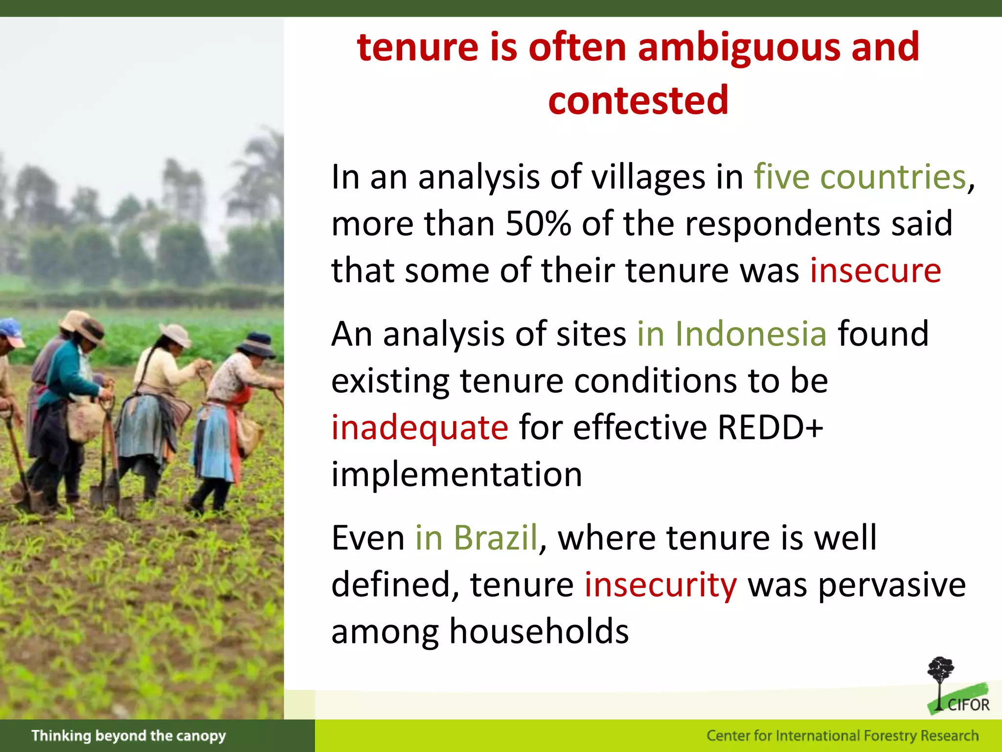 tenure is often ambiguous and
contested
In an analysis of villages in five countries,
more than 50% of the respondents said
that some of their tenure was insecure
An analysis of sites in Indonesia found
existing tenure conditions to be
inadequate for effective REDD+
implementation
Even in Brazil, where tenure is well
defined, tenure insecurity was pervasive
among households

 
