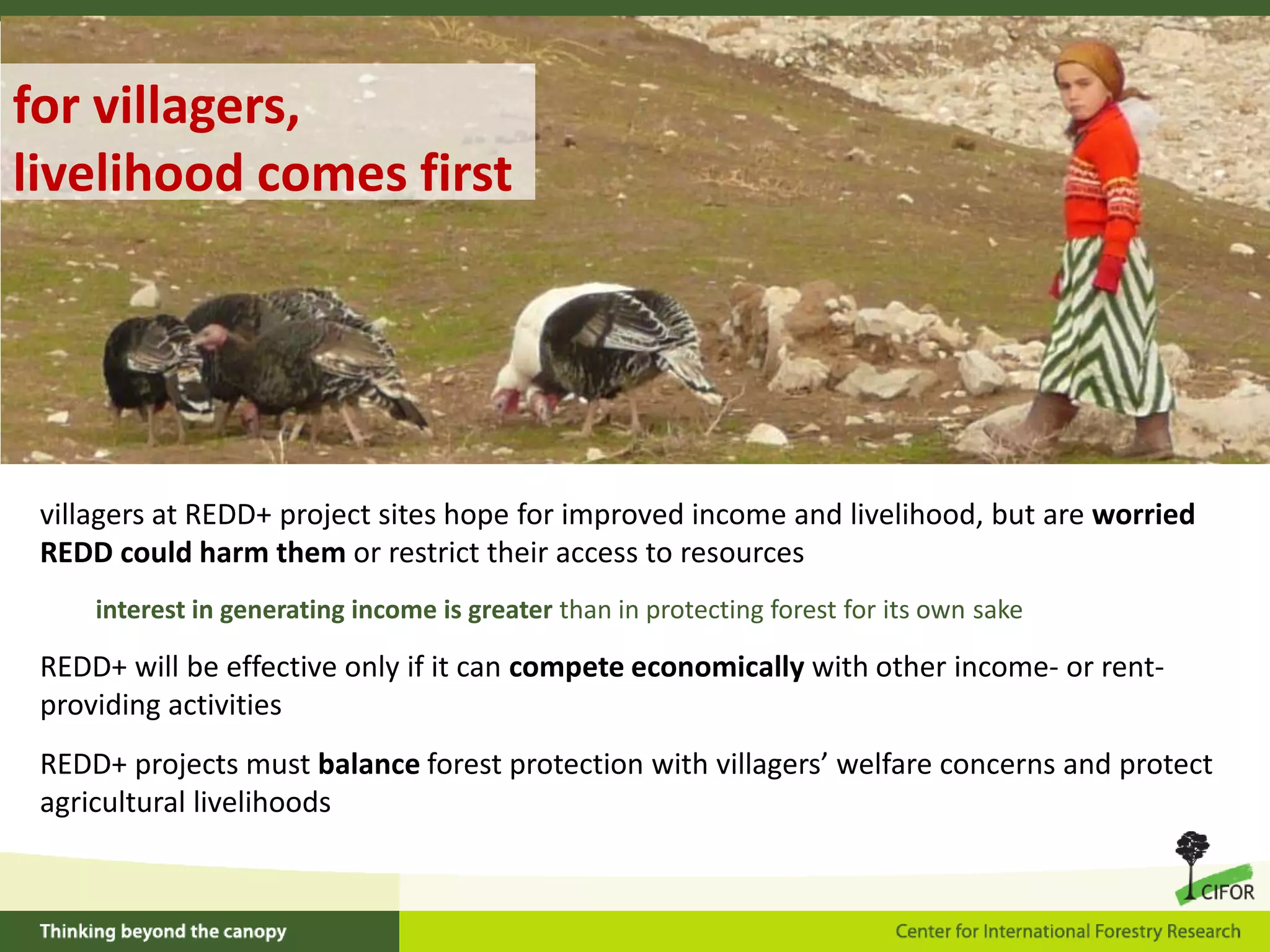 for villagers,
livelihood comes first

villagers at REDD+ project sites hope for improved income and livelihood, but are worried
REDD could harm them or restrict their access to resources
interest in generating income is greater than in protecting forest for its own sake

REDD+ will be effective only if it can compete economically with other income- or rentproviding activities
REDD+ projects must balance forest protection with villagers’ welfare concerns and protect
agricultural livelihoods

 