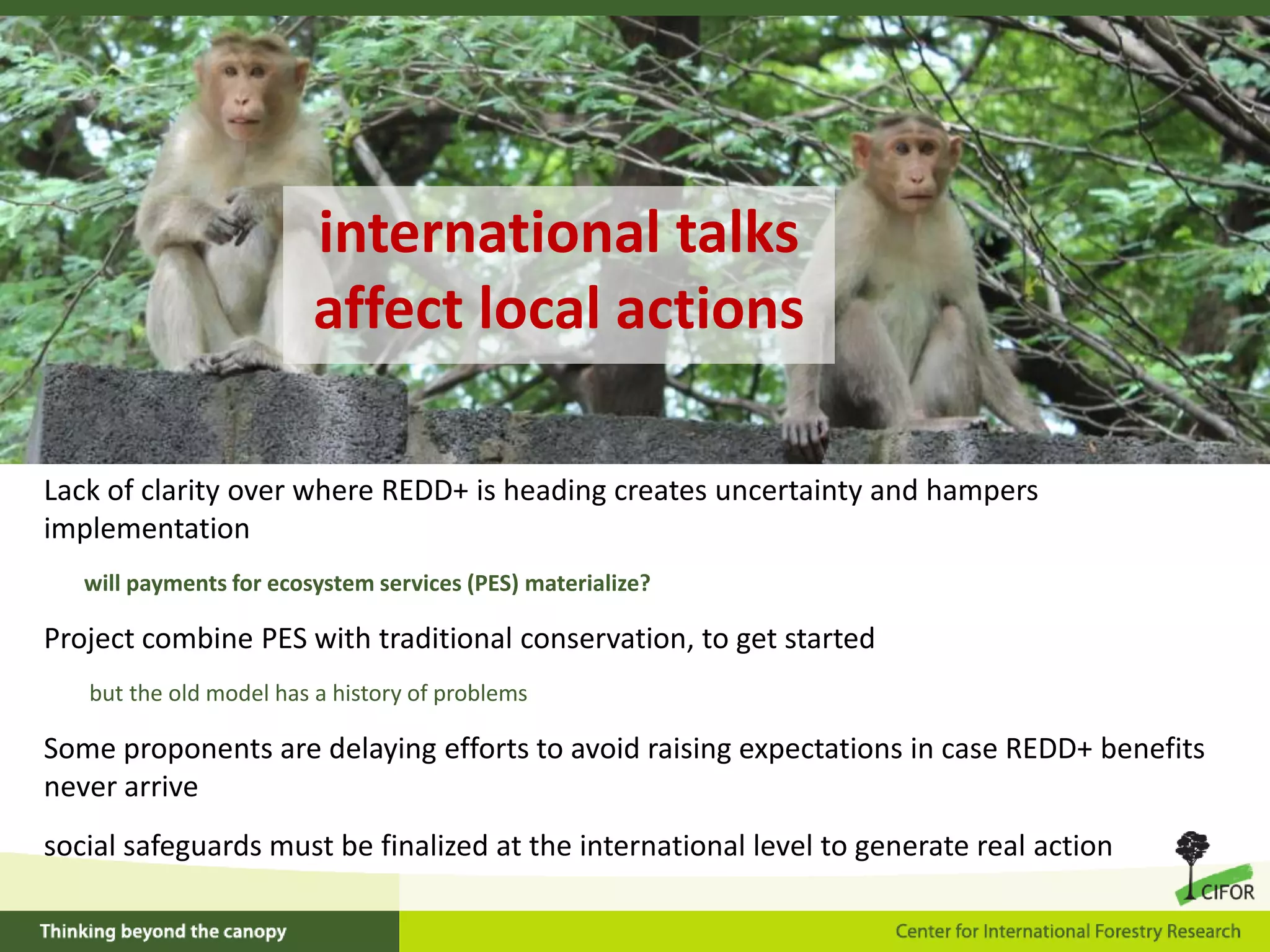international talks
affect local actions
Lack of clarity over where REDD+ is heading creates uncertainty and hampers
implementation
will payments for ecosystem services (PES) materialize?

Project combine PES with traditional conservation, to get started
but the old model has a history of problems

Some proponents are delaying efforts to avoid raising expectations in case REDD+ benefits
never arrive
social safeguards must be finalized at the international level to generate real action

 