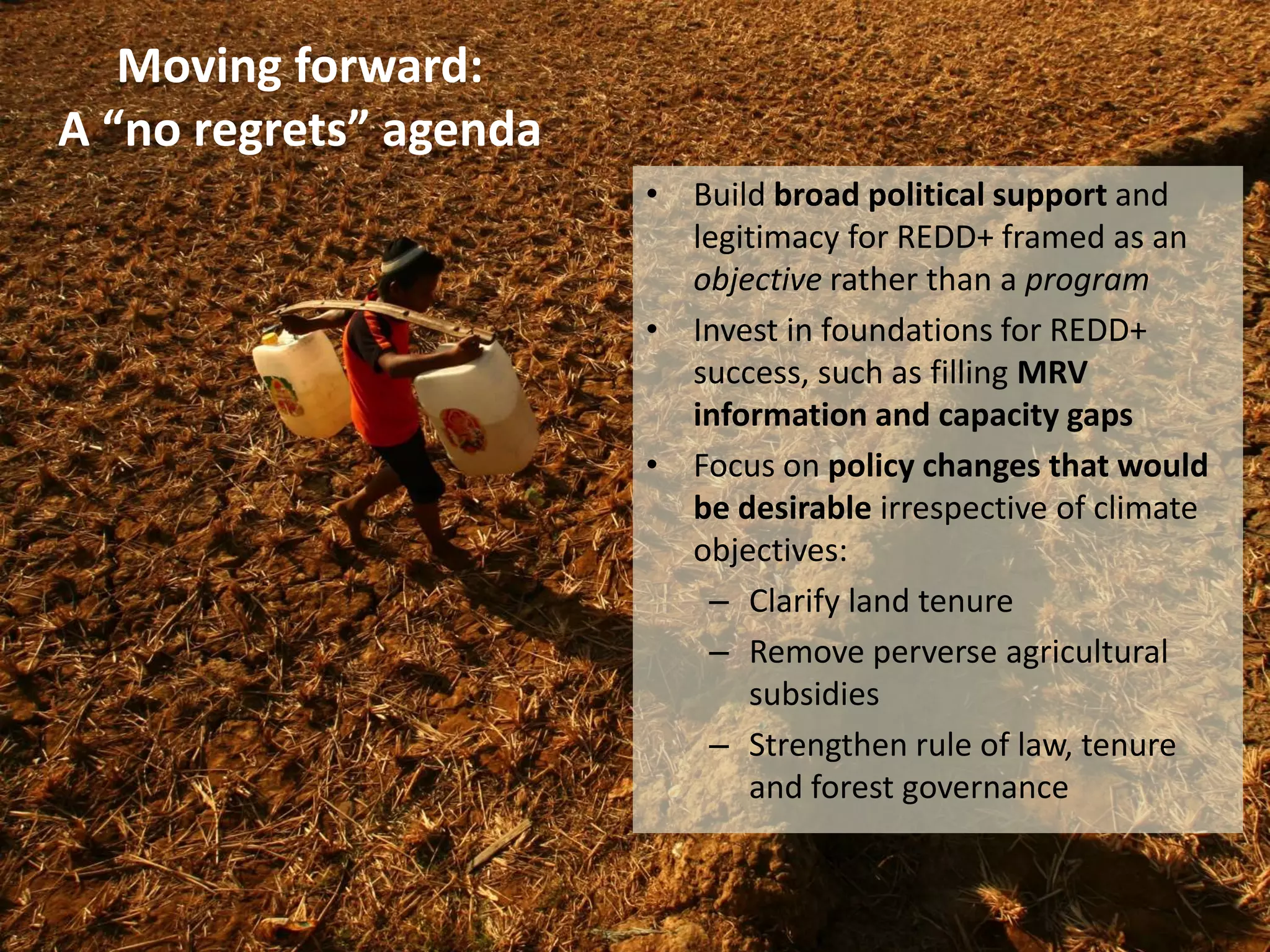 Moving forward:
A “no regrets” agenda
• Build broad political support and
legitimacy for REDD+ framed as an
objective rather than a program
• Invest in foundations for REDD+
success, such as filling MRV
information and capacity gaps
• Focus on policy changes that would
be desirable irrespective of climate
objectives:
– Clarify land tenure
– Remove perverse agricultural
subsidies
– Strengthen rule of law, tenure
and forest governance

 