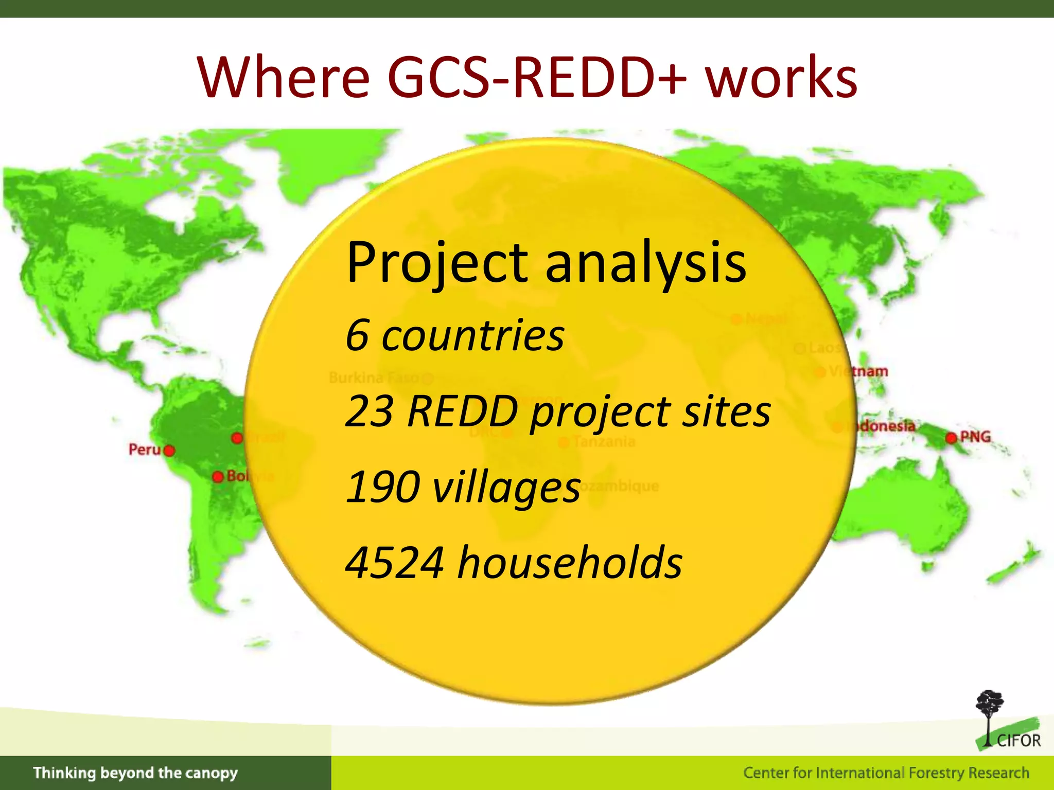Where GCS-REDD+ works
Project analysis
6 countries
23 REDD project sites
190 villages

4524 households

 