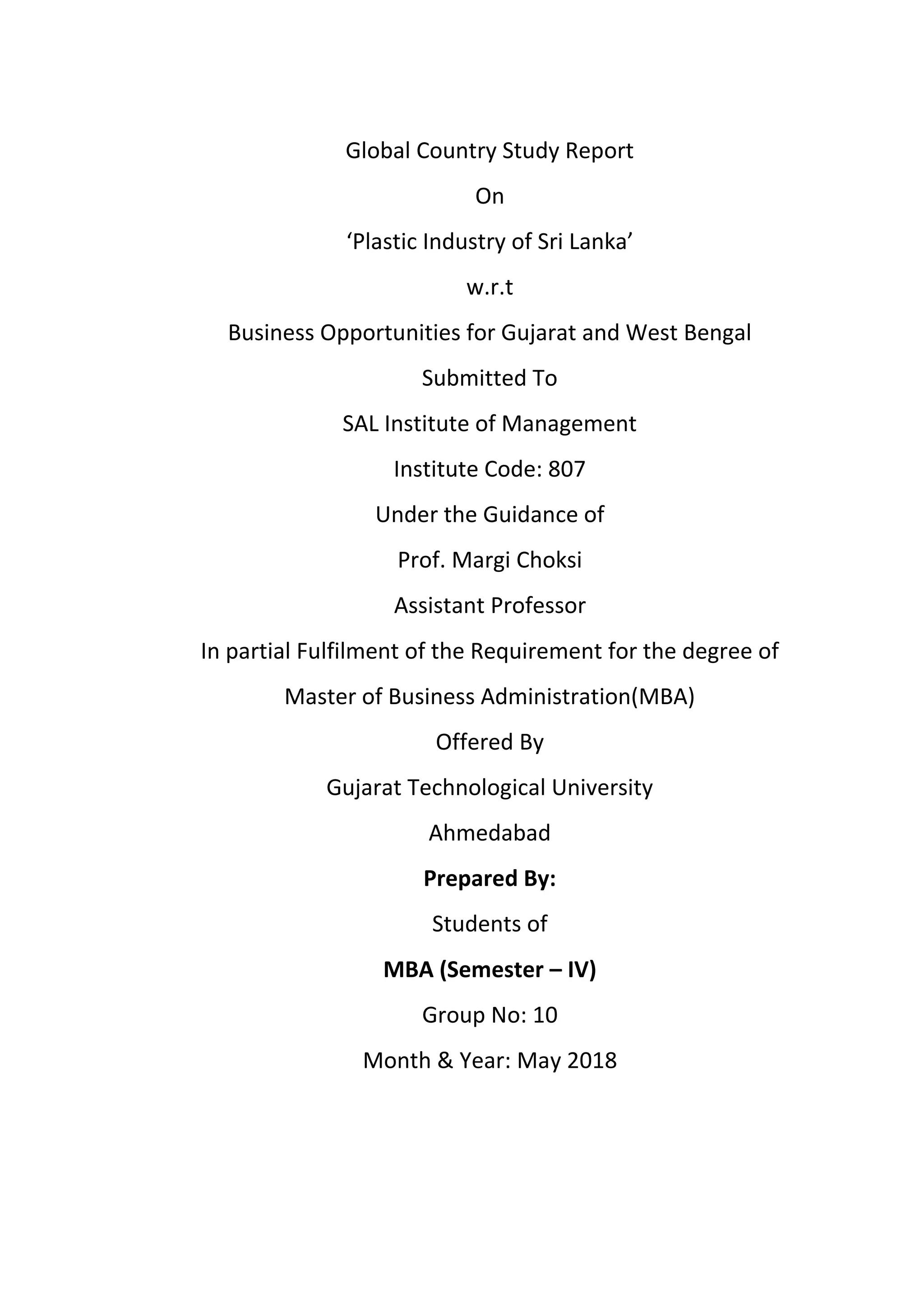 Global Country Study Report On ‘Plastic Industry of Sri Lanka’ w.r.t