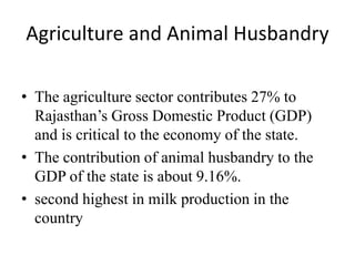 Agriculture and Animal Husbandry
• The agriculture sector contributes 27% to
Rajasthan’s Gross Domestic Product (GDP)
and is critical to the economy of the state.
• The contribution of animal husbandry to the
GDP of the state is about 9.16%.
• second highest in milk production in the
country
 